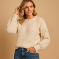 Women’s Relaxed-Fit Crew Neck Jumper with Cable-Knit Sleeves 0