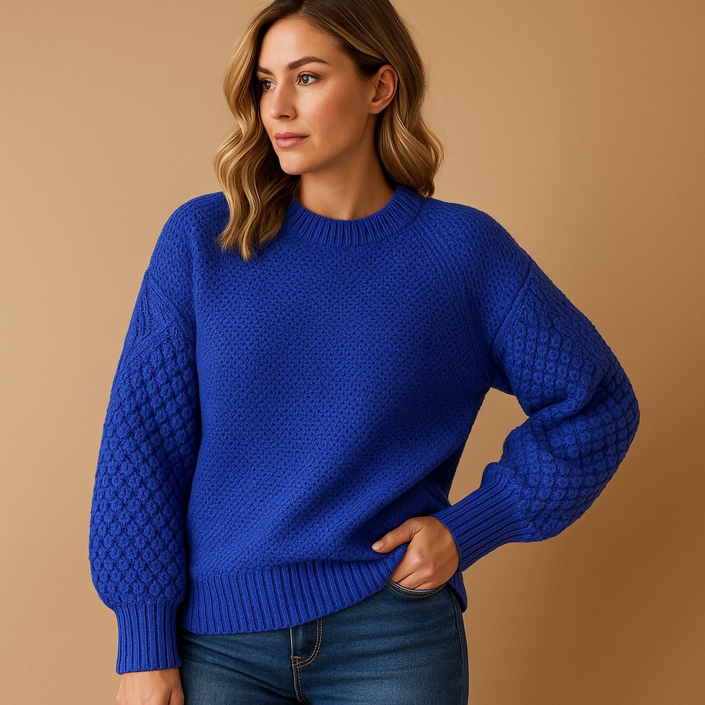Women’s Relaxed-Fit Crew Neck Jumper with Cable-Knit Sleeves 1