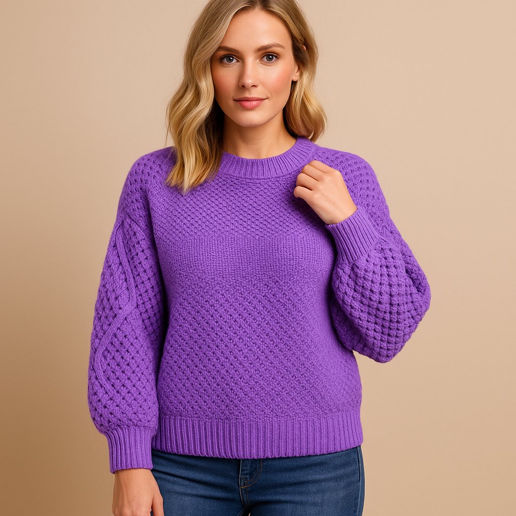 Women’s Relaxed-Fit Crew Neck Jumper with Cable-Knit Sleeves 4