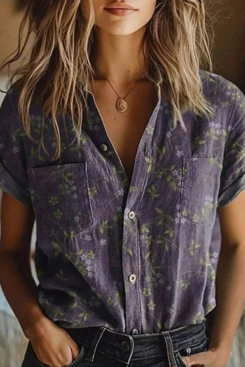Women’s Relaxed-Fit Floral Print Cotton Button-Down Blouse Short Sleeve 0