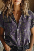 Women’s Relaxed-Fit Floral Print Cotton Button-Down Blouse Short Sleeve 0