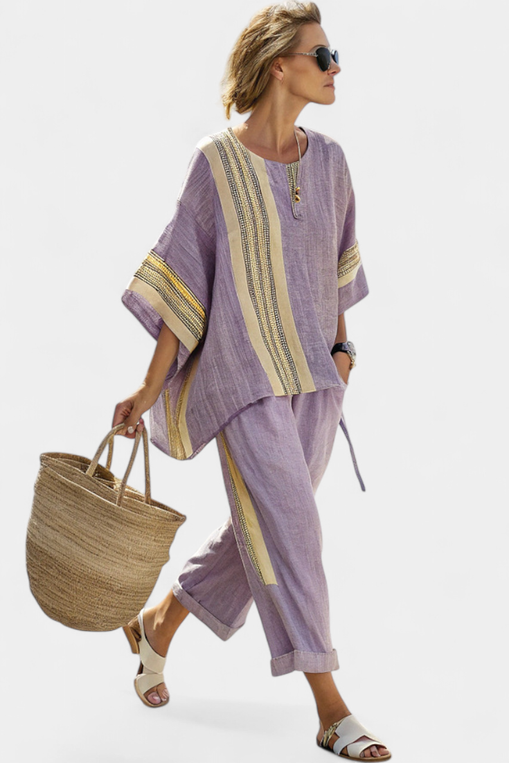 Women’s Relaxed Fit Lavender Top and Mustard Striped Pants Stylish Outfit 0