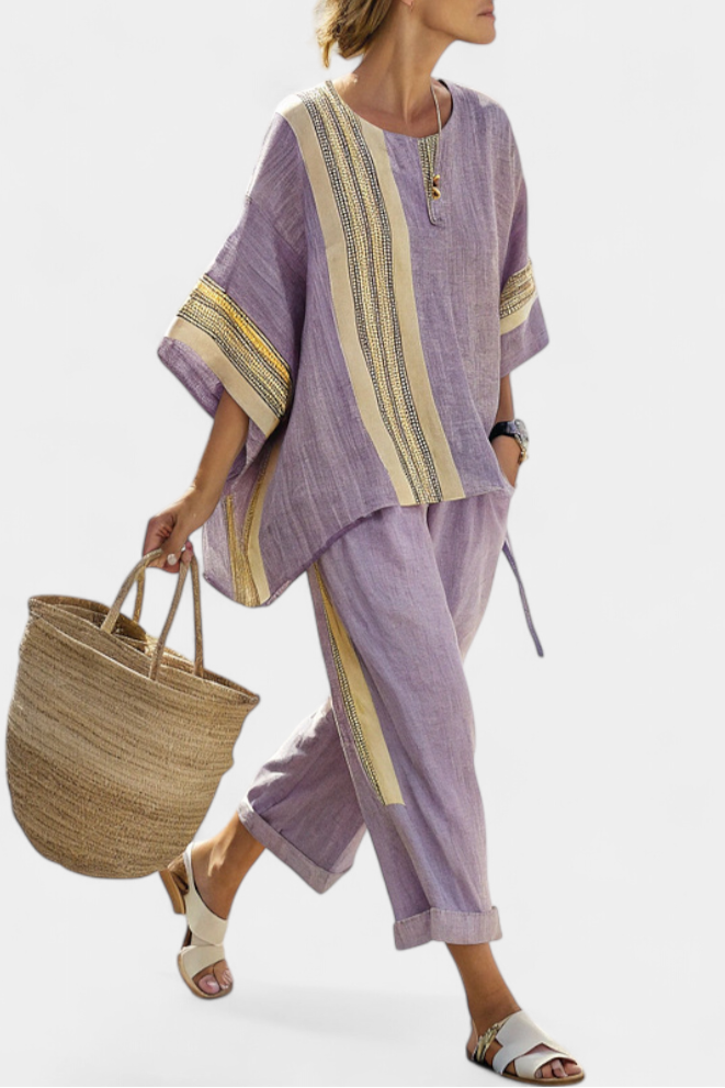 Women’s Relaxed Fit Lavender Top and Mustard Striped Pants Stylish Outfit 1