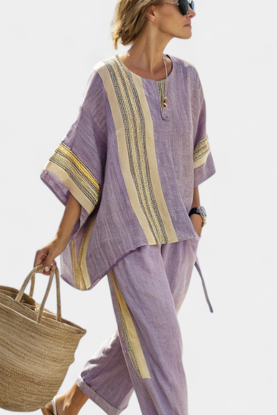 Women’s Relaxed Fit Lavender Top and Mustard Striped Pants Stylish Outfit 2