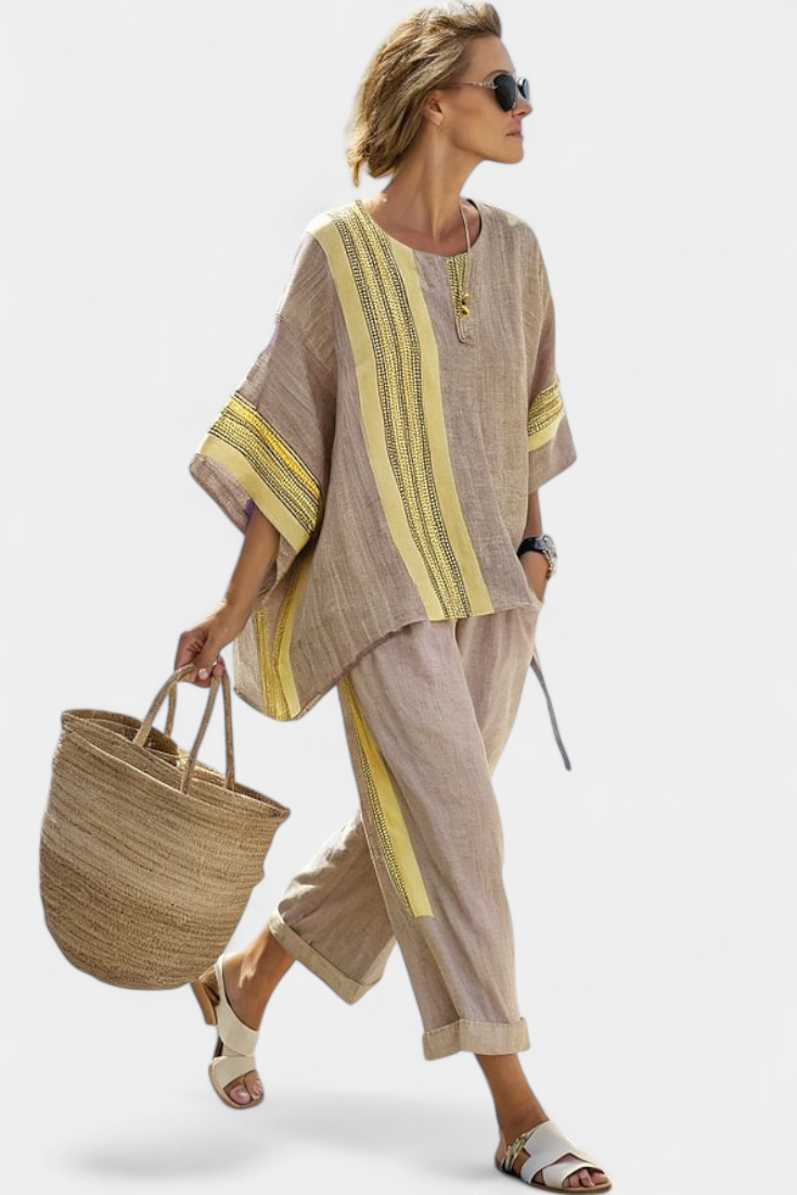 Women’s Relaxed Fit Lavender Top and Mustard Striped Pants Stylish Outfit 5
