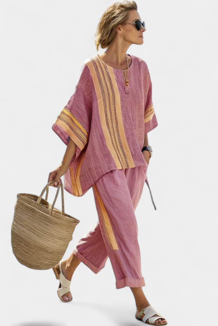 Women’s Relaxed Fit Lavender Top and Mustard Striped Pants Stylish Outfit 6