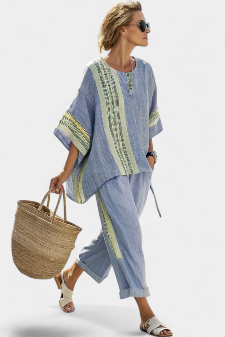Women’s Relaxed Fit Lavender Top and Mustard Striped Pants Stylish Outfit 7