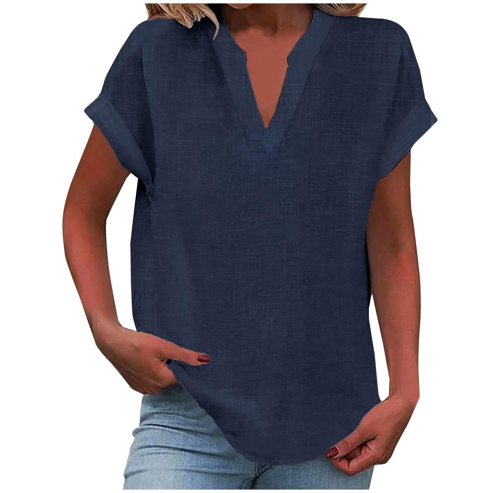 Women’s Relaxed Fit V-Neck Blouse Short Sleeve Design 10
