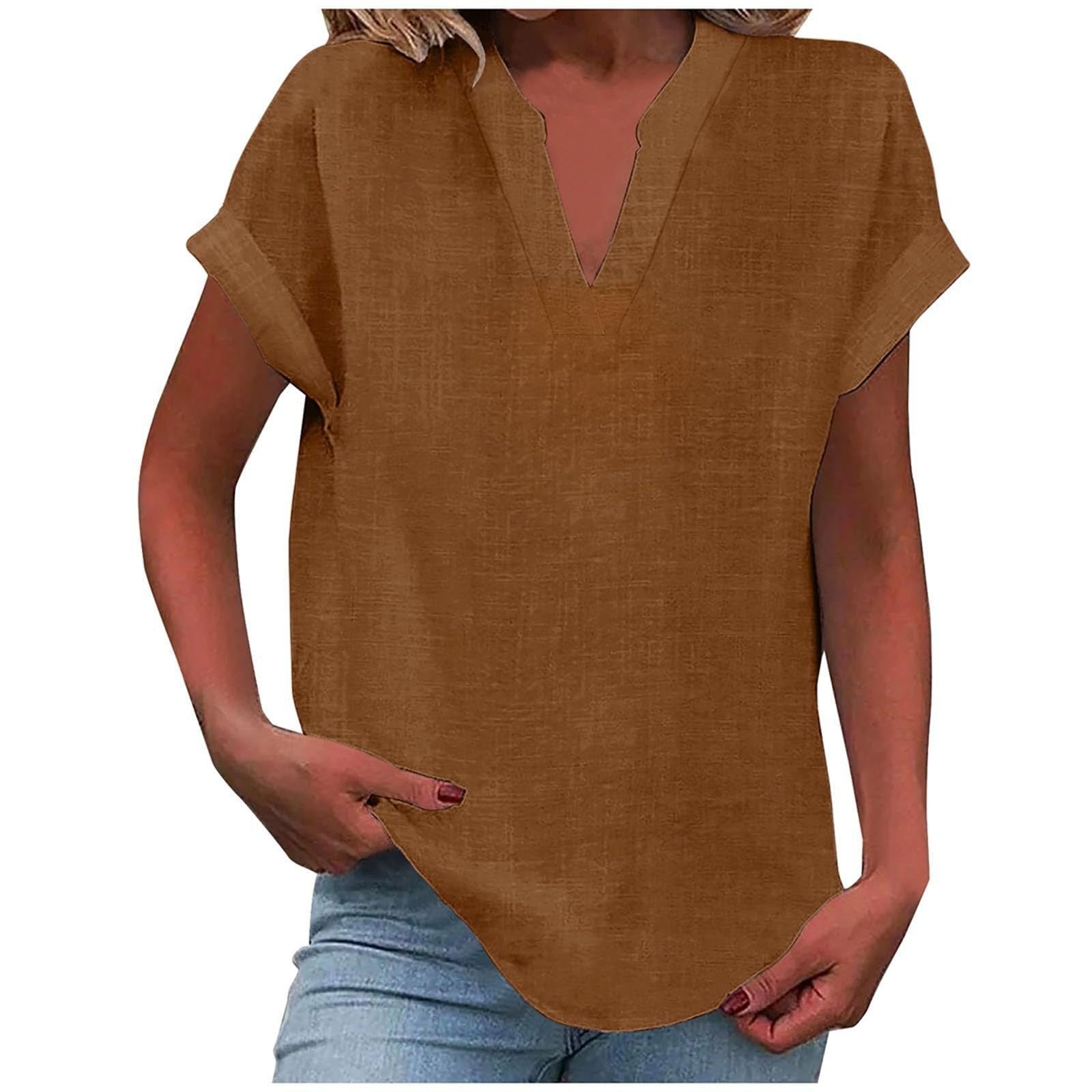 Women’s Relaxed Fit V-Neck Blouse Short Sleeve Design 13