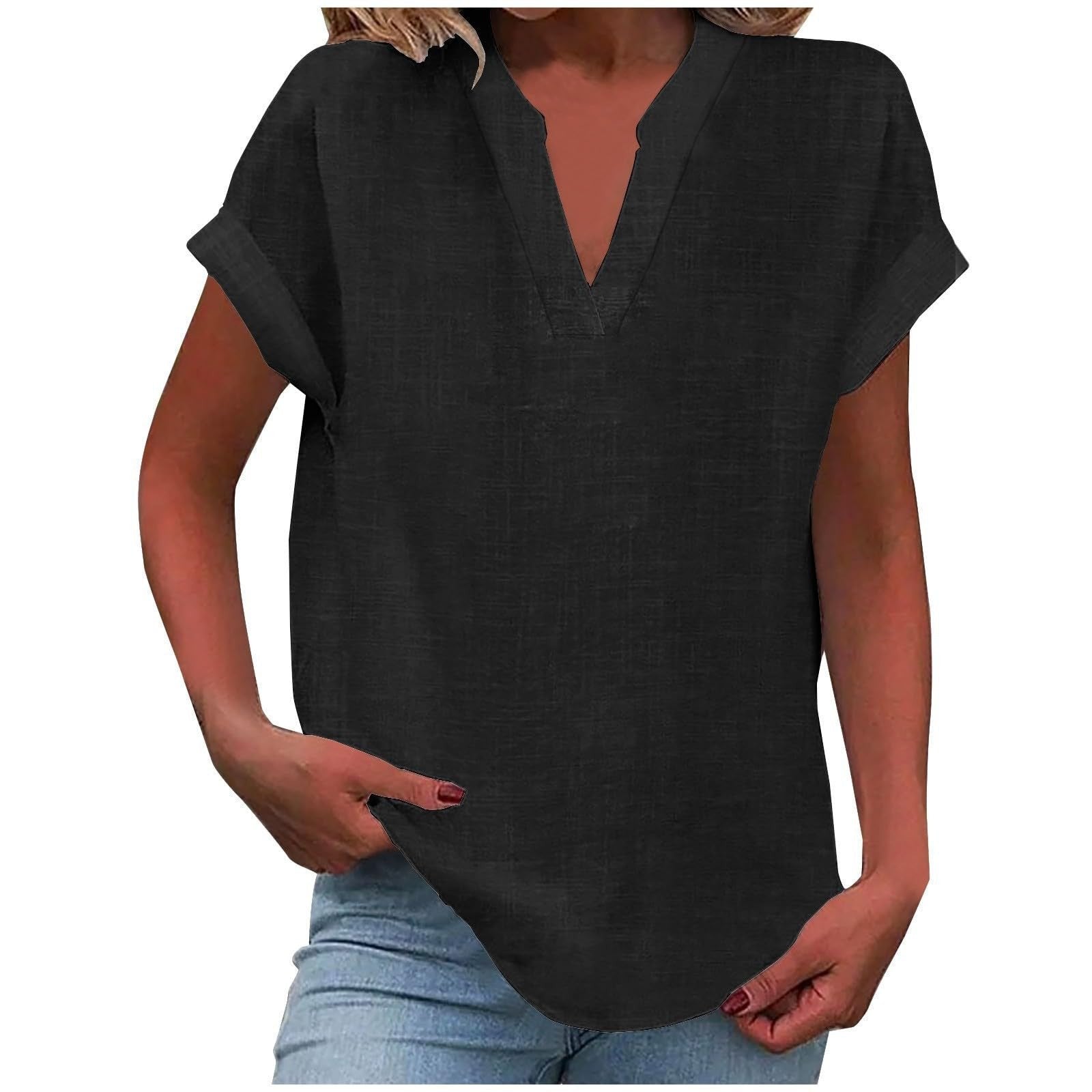 Women’s Relaxed Fit V-Neck Blouse Short Sleeve Design 9