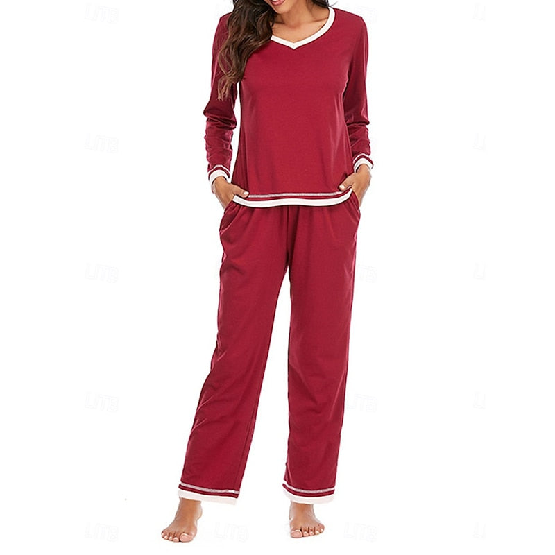 Women’s Relaxed Lounge Two-Piece Set Soft V-Neck and Elastic Waist 0
