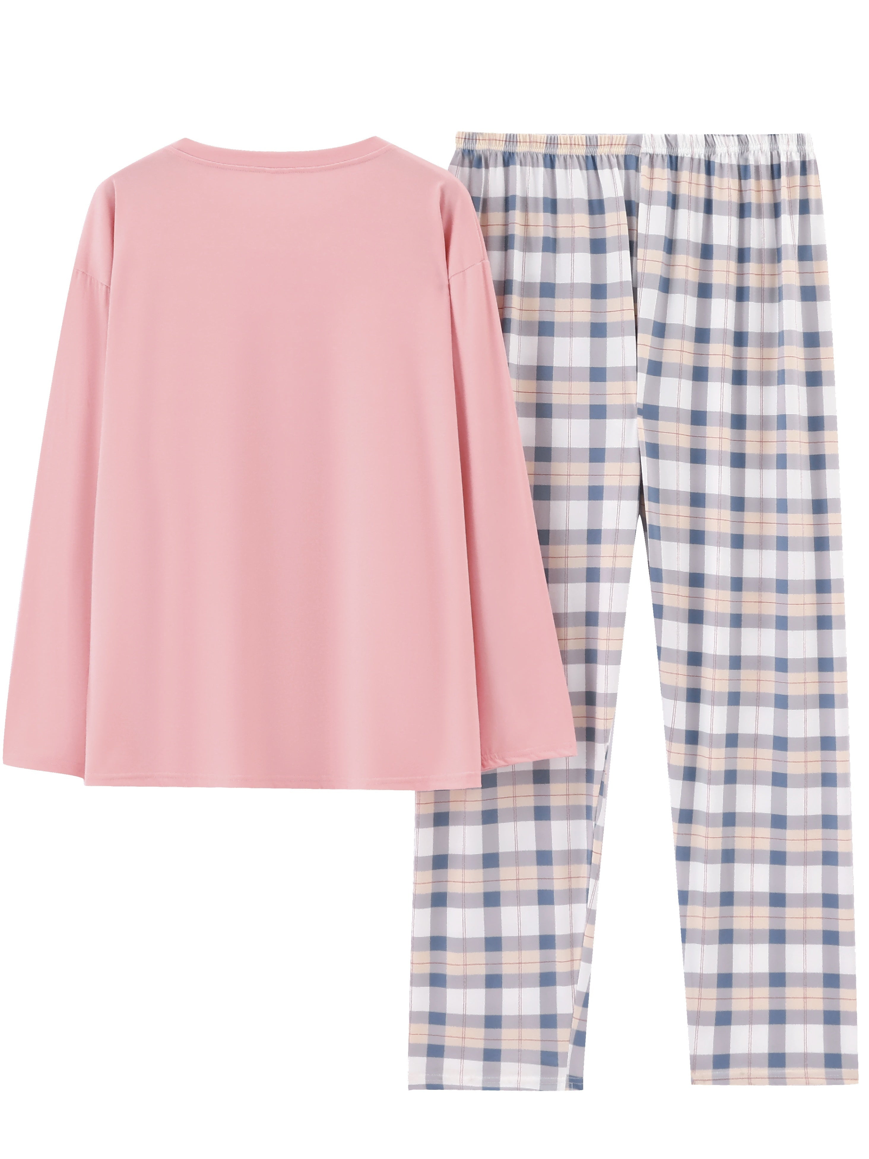 Women’s Relaxed Plaid Lounge Set Soft Long Sleeve Top and Checked Bottoms 2