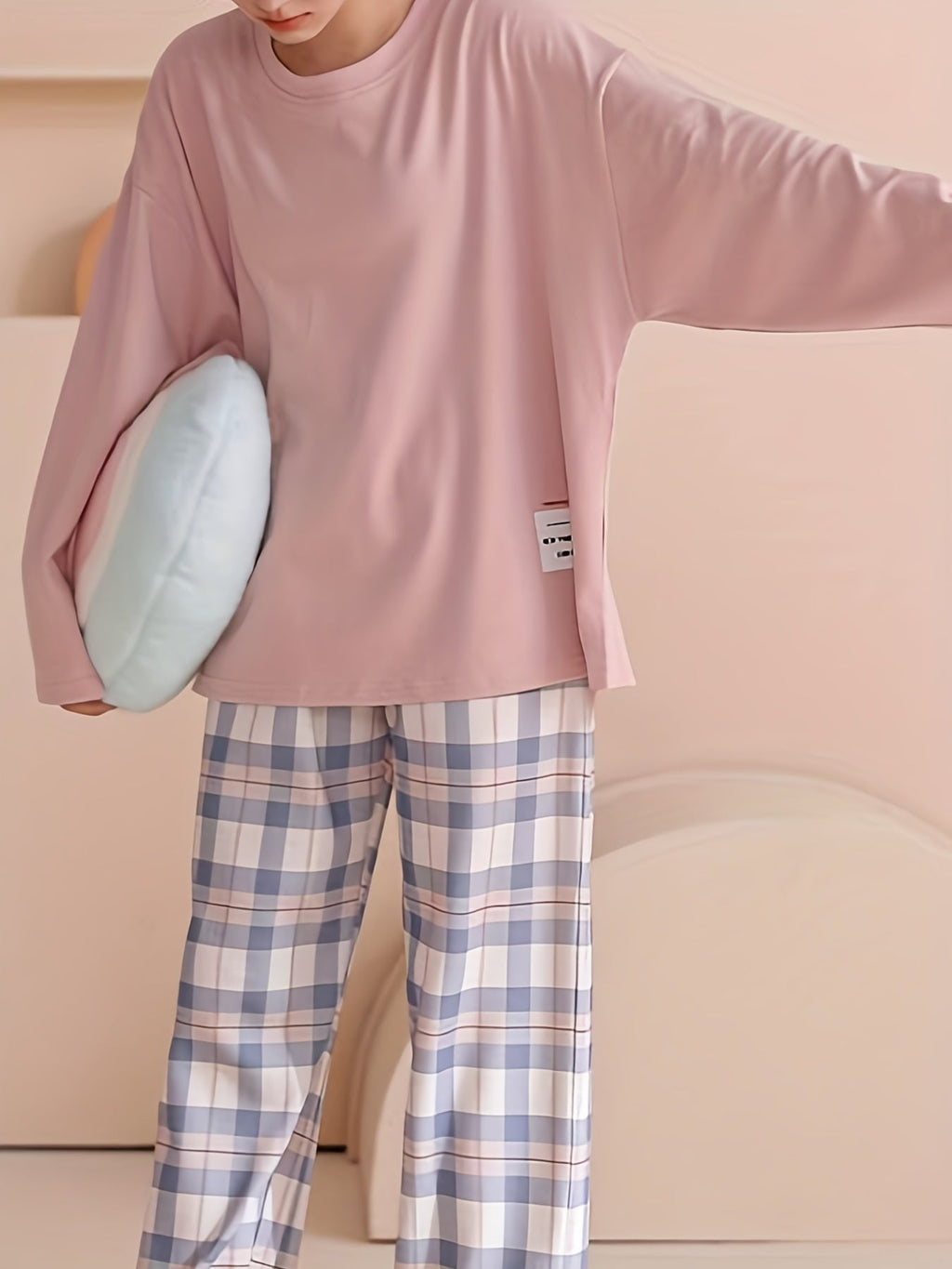 Women’s Relaxed Plaid Lounge Set Soft Long Sleeve Top and Checked Bottoms 3