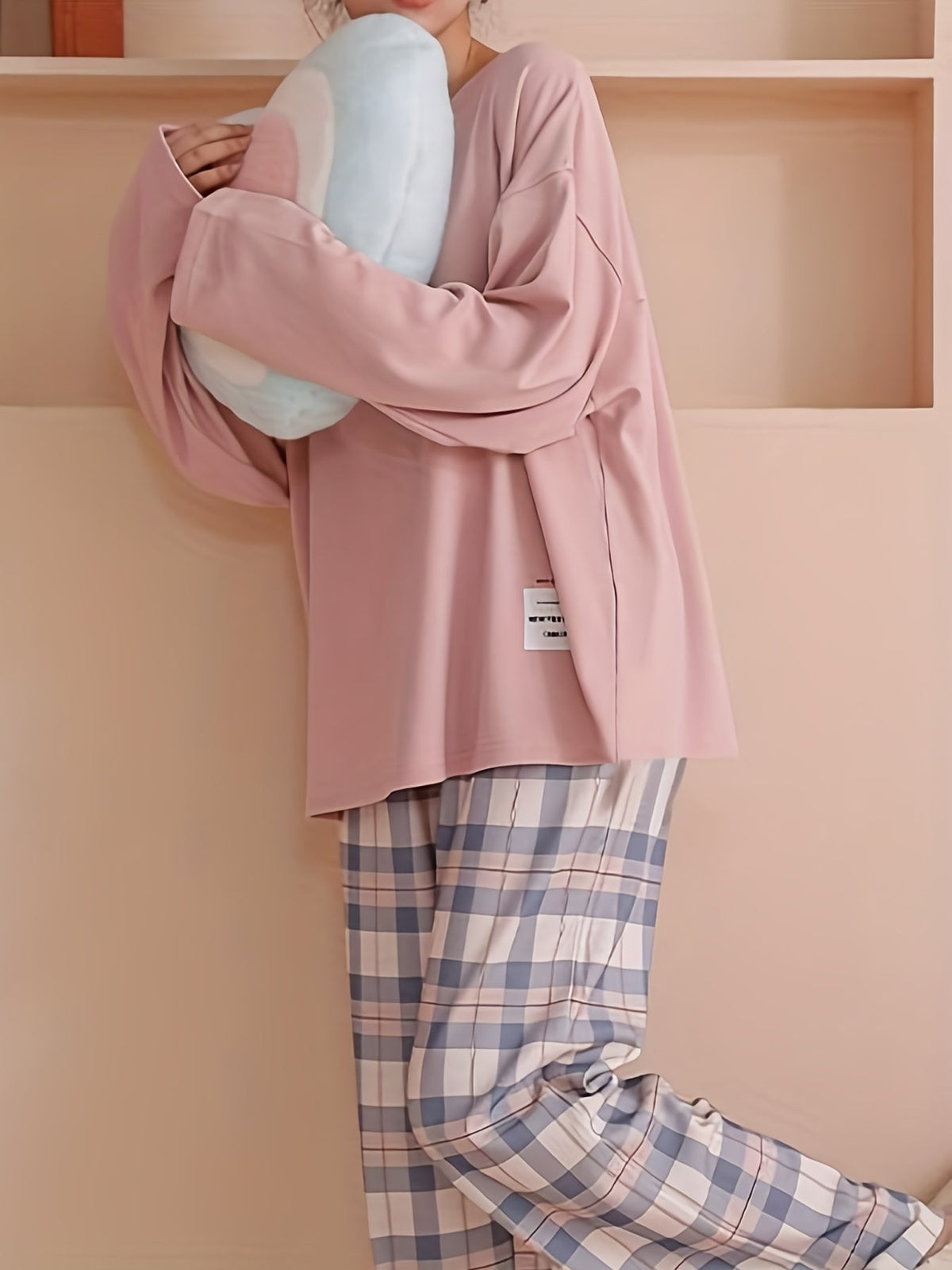 Women’s Relaxed Plaid Lounge Set Soft Long Sleeve Top and Checked Bottoms 4