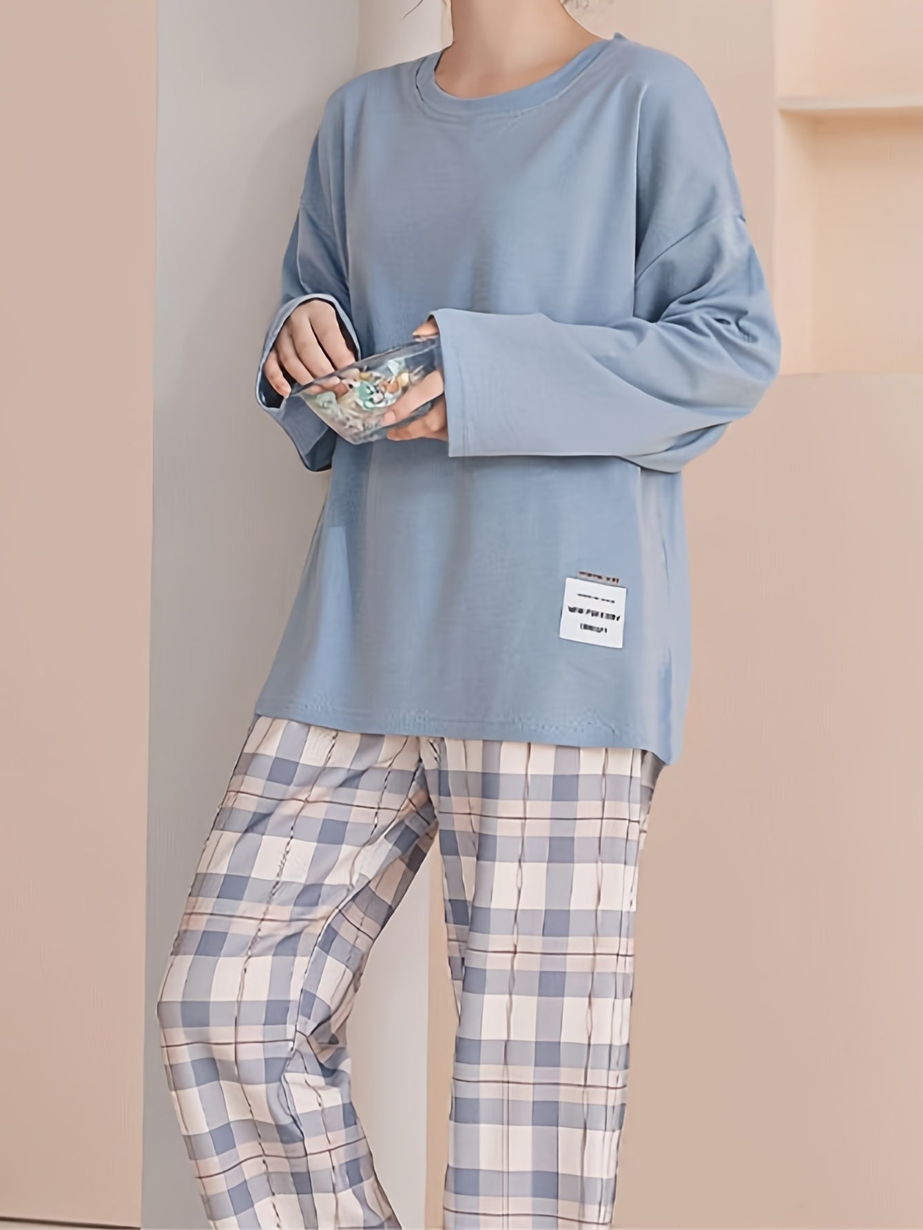 Women’s Relaxed Plaid Lounge Set Soft Long Sleeve Top and Checked Bottoms 8
