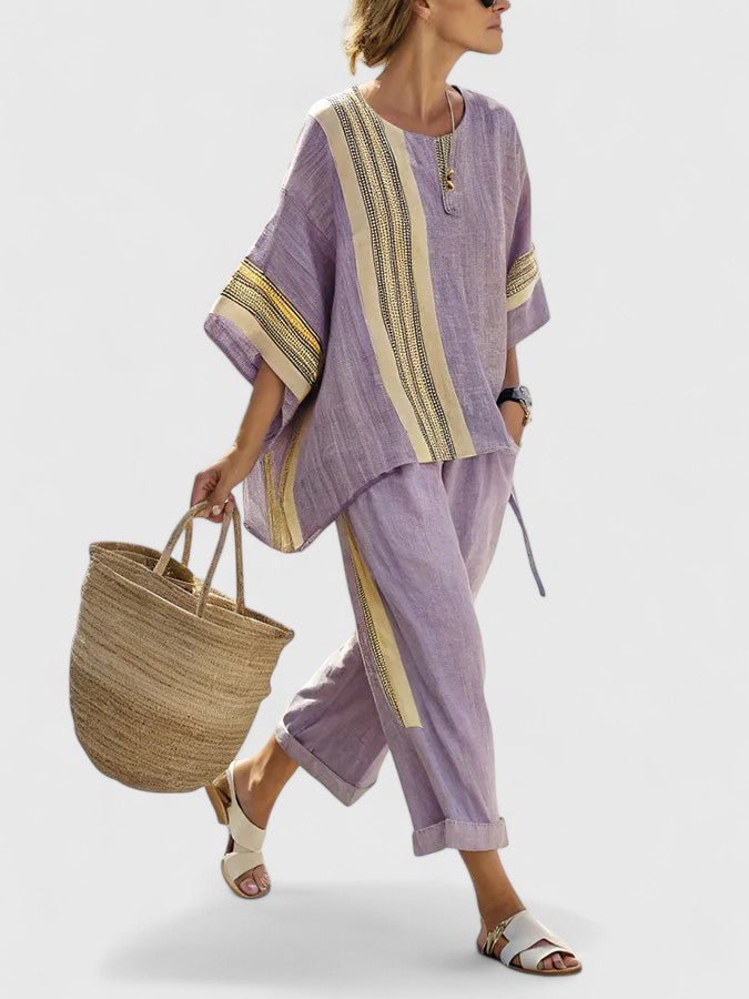 Women’s Relaxed Two-Piece Co-Ord Set Lightweight Linen Blend with Geometric Stripes 1