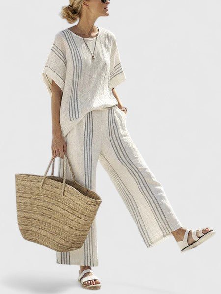 Women’s Relaxed Two-Piece Co-Ord Set Lightweight Linen Blend with Geometric Stripes 2
