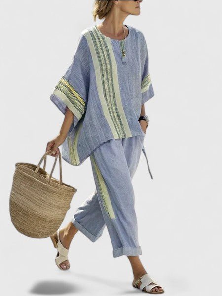 Women’s Relaxed Two-Piece Co-Ord Set Lightweight Linen Blend with Geometric Stripes 3