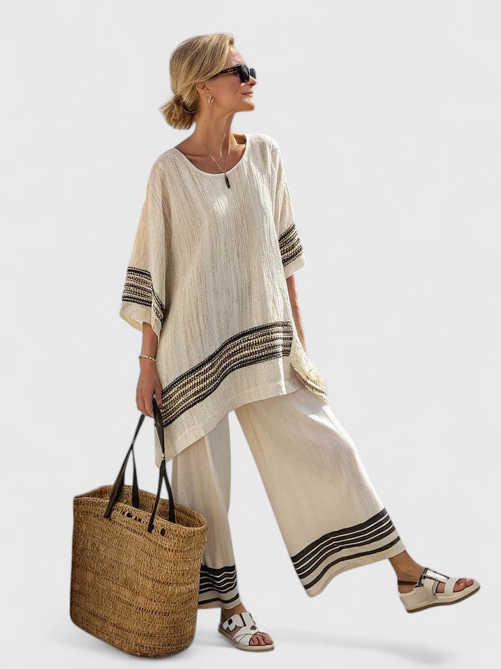 Women’s Relaxed Two-Piece Co-Ord Set Lightweight Linen Blend with Geometric Stripes 4