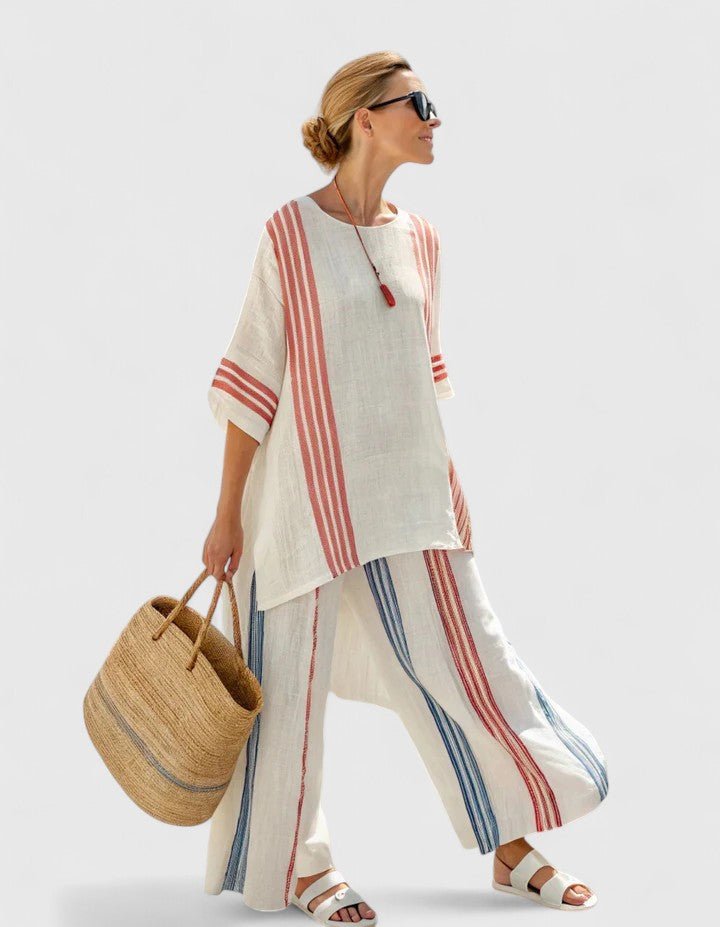 Women’s Relaxed Two-Piece Co-Ord Set Lightweight Linen Blend with Geometric Stripes 7