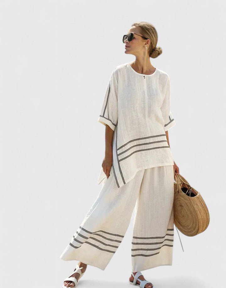 Women’s Relaxed Two-Piece Co-Ord Set Lightweight Linen Blend with Geometric Stripes 8