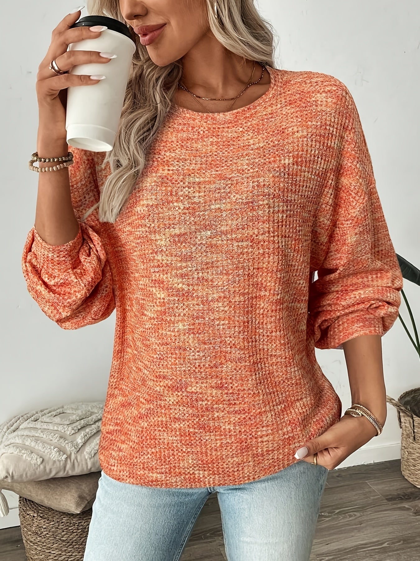 Women’s Relaxed Waffle-Knit Sweater Soft and Cozy Fit 4