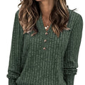 Women’s Ribbed Button-Neck Top Relaxed Fit Long Sleeve 0
