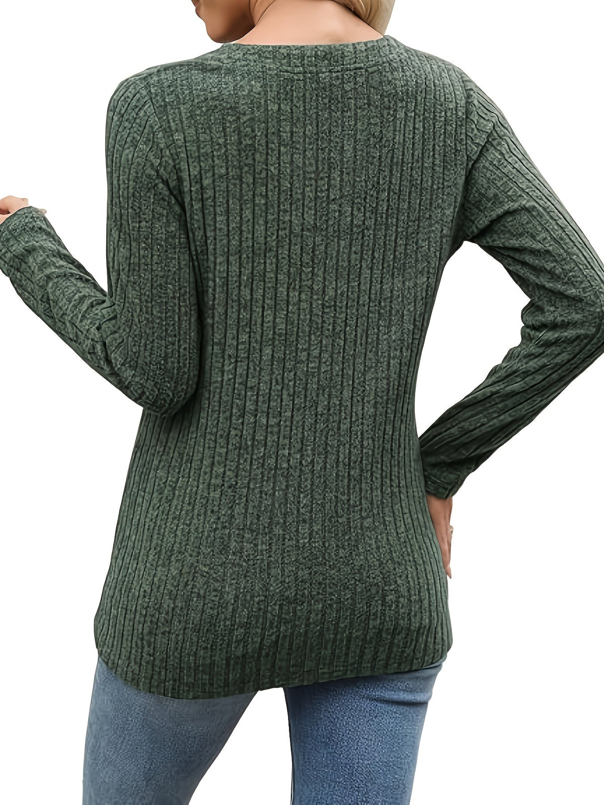 Women’s Ribbed Button-Neck Top Relaxed Fit Long Sleeve 2