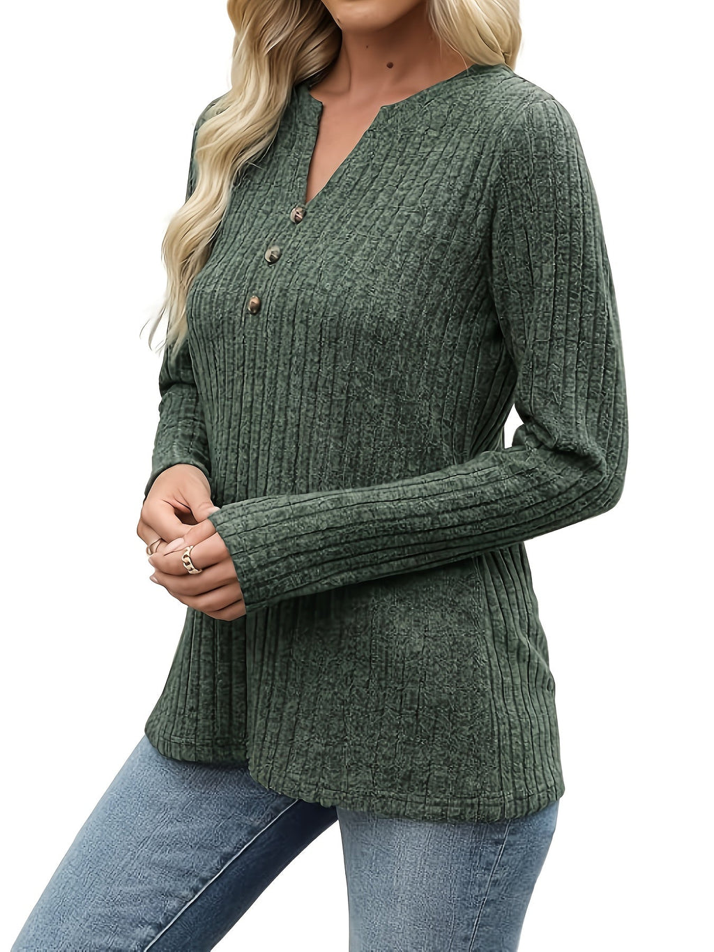 Women’s Ribbed Button-Neck Top Relaxed Fit Long Sleeve 4