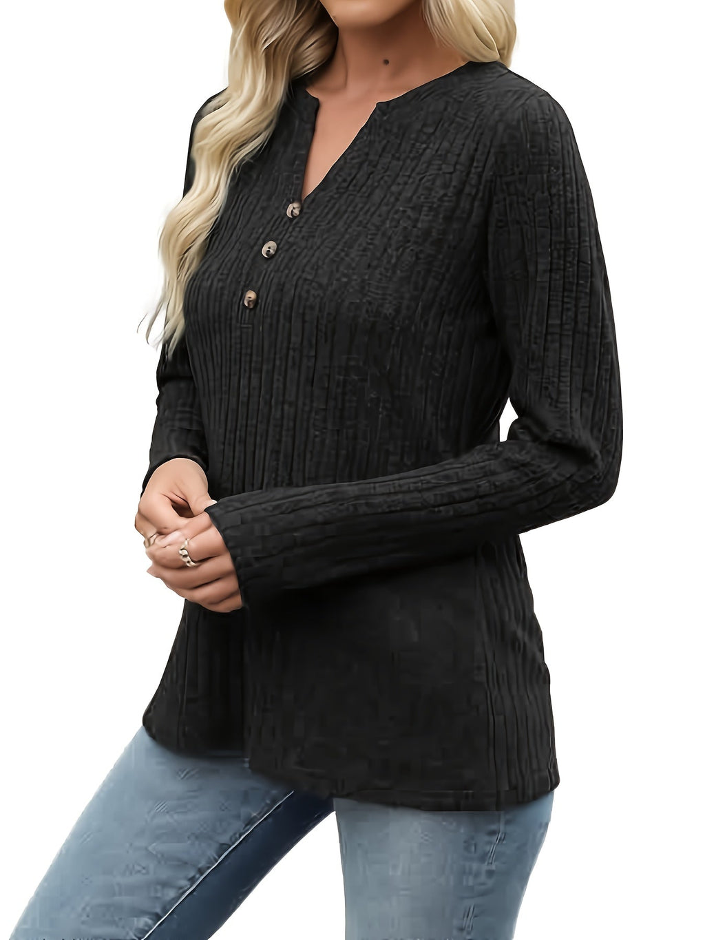 Women’s Ribbed Button-Neck Top Relaxed Fit Long Sleeve 8