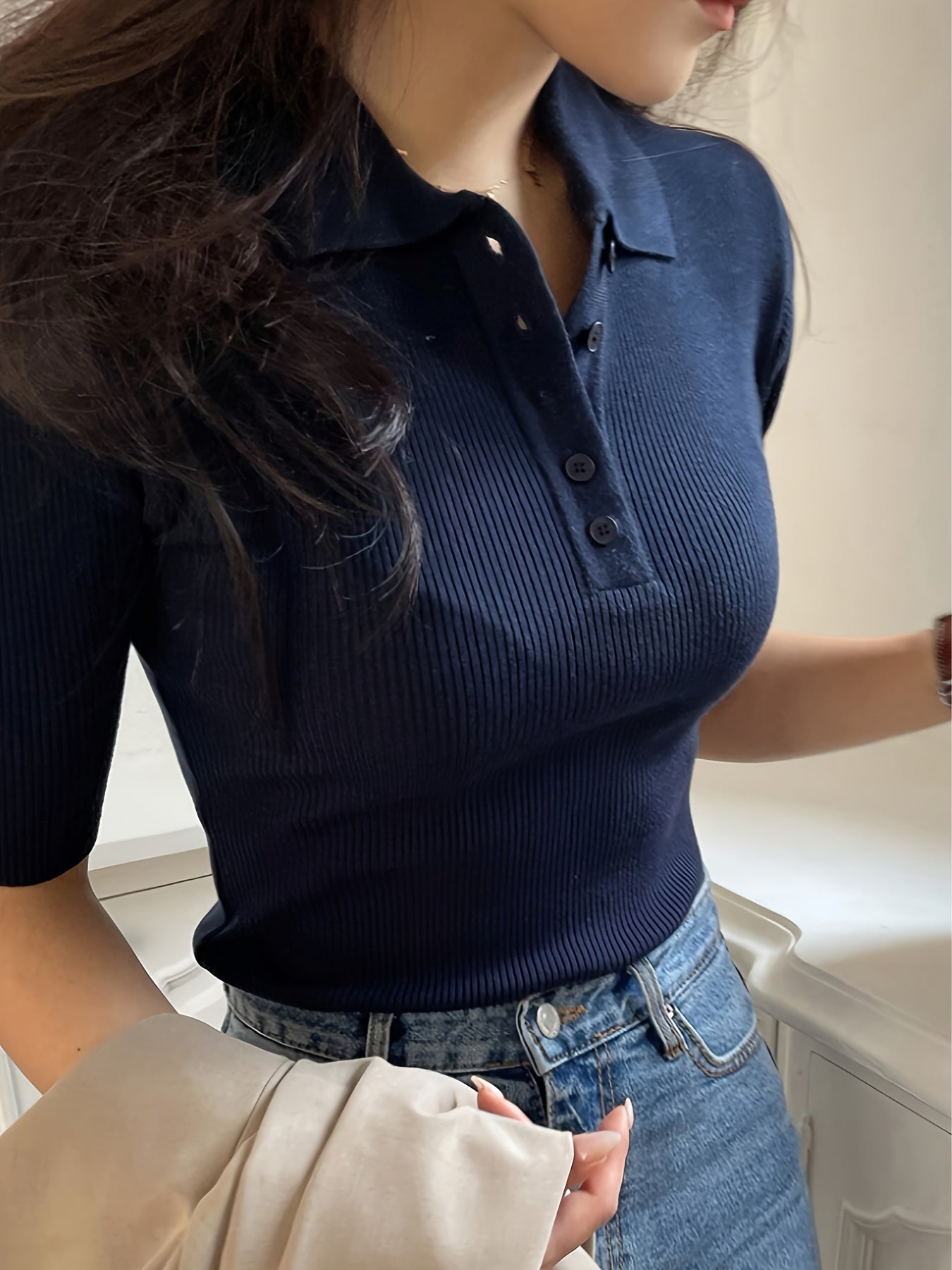 Women’s Ribbed Collared Top Flattering Everyday Style 2