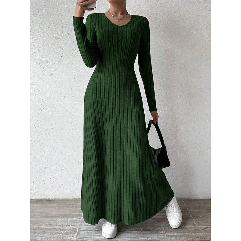 Women’s Ribbed Long-Sleeve Maxi Dress Flattering Silhouette 0