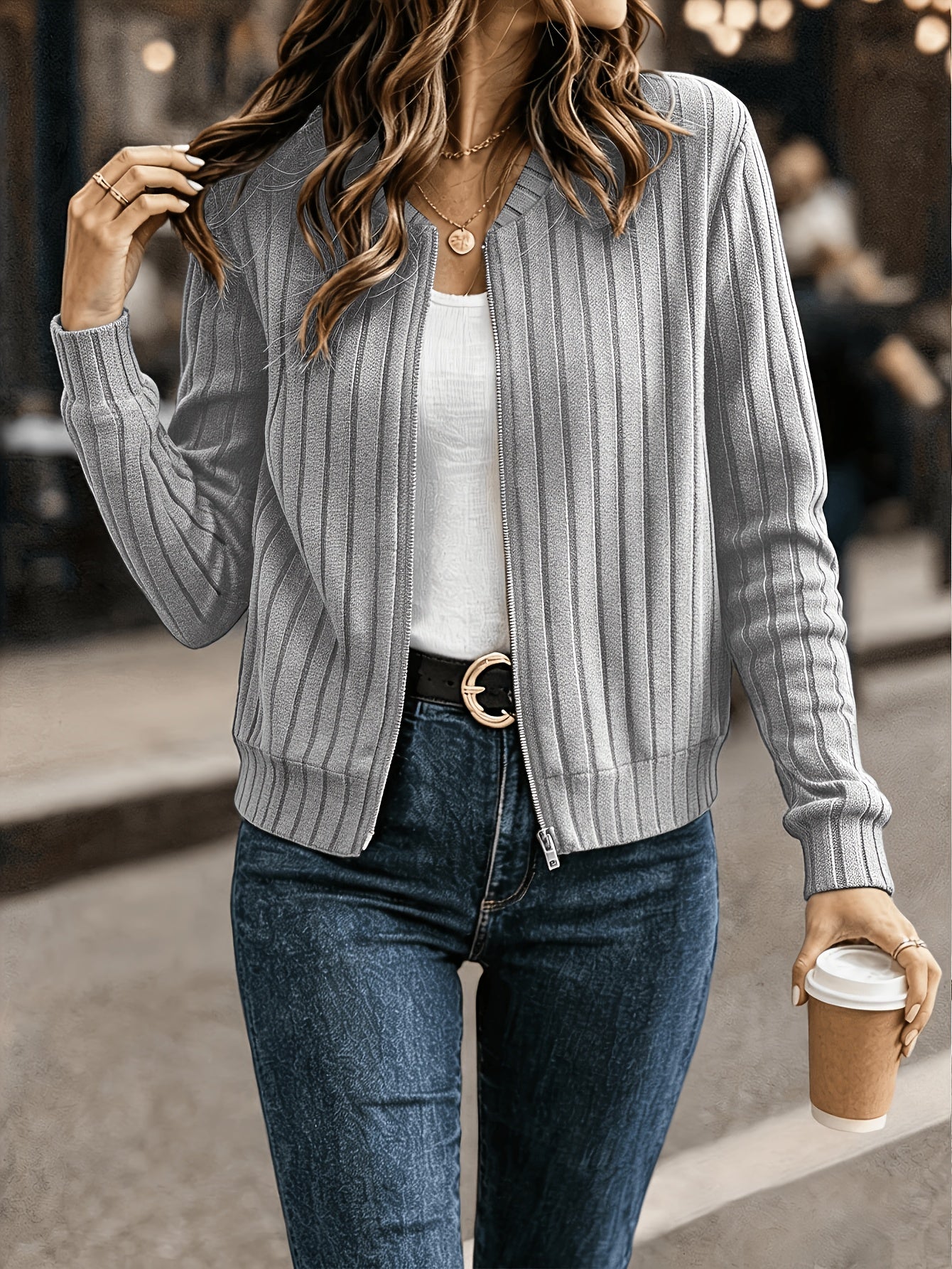 Women’s Ribbed Zip-Front Jacket Classic Fit 1