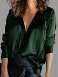 Women’s Satin Blouse Deep V-Neck Long Sleeve Style 0