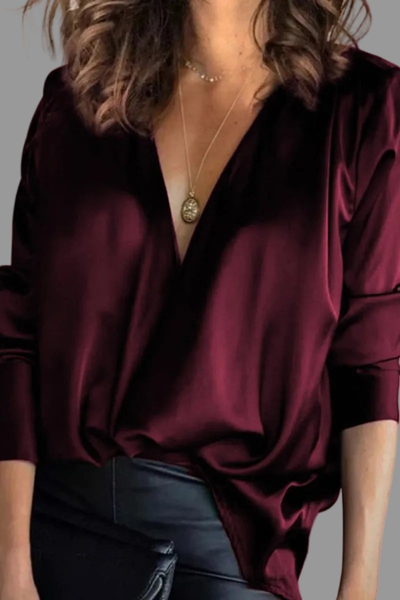 Women’s Satin Blouse Deep V-Neck Long Sleeve Style 1