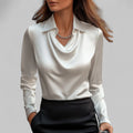Women’s Satin Blouse Elegant Draped Neck Long Sleeve Style 0