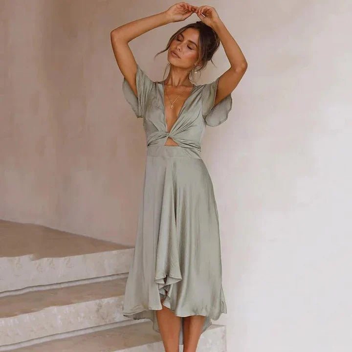 Women’s Satin Midi Dress Deep V-Neck Flutter Sleeve Design 1