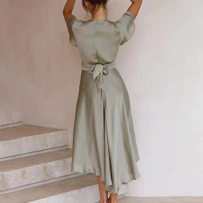 Women’s Satin Midi Dress Deep V-Neck Flutter Sleeve Design 4