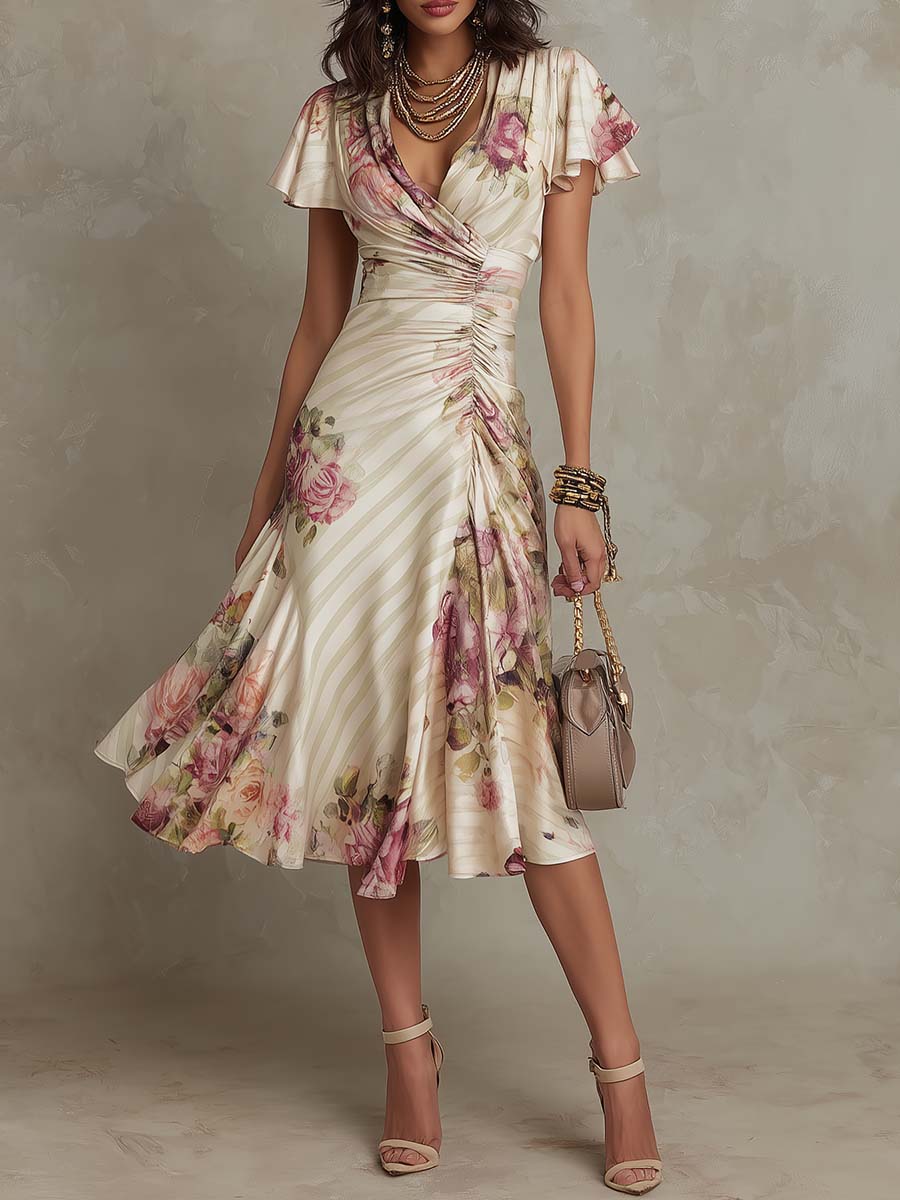 Women’s Satin Midi Dress Floral Print Wrap V-Neck 0