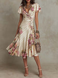 Women’s Satin Midi Dress Floral Print Wrap V-Neck 0