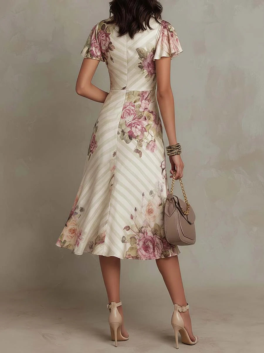 Women’s Satin Midi Dress Floral Print Wrap V-Neck 1