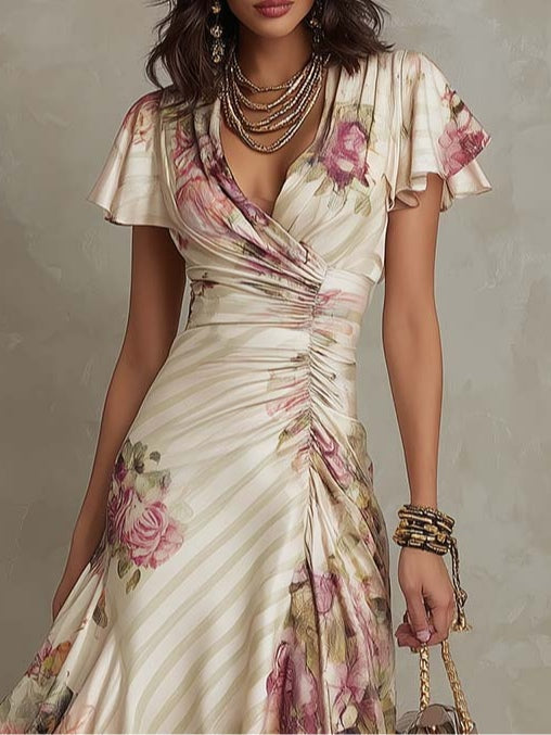 Women’s Satin Midi Dress Floral Print Wrap V-Neck 2