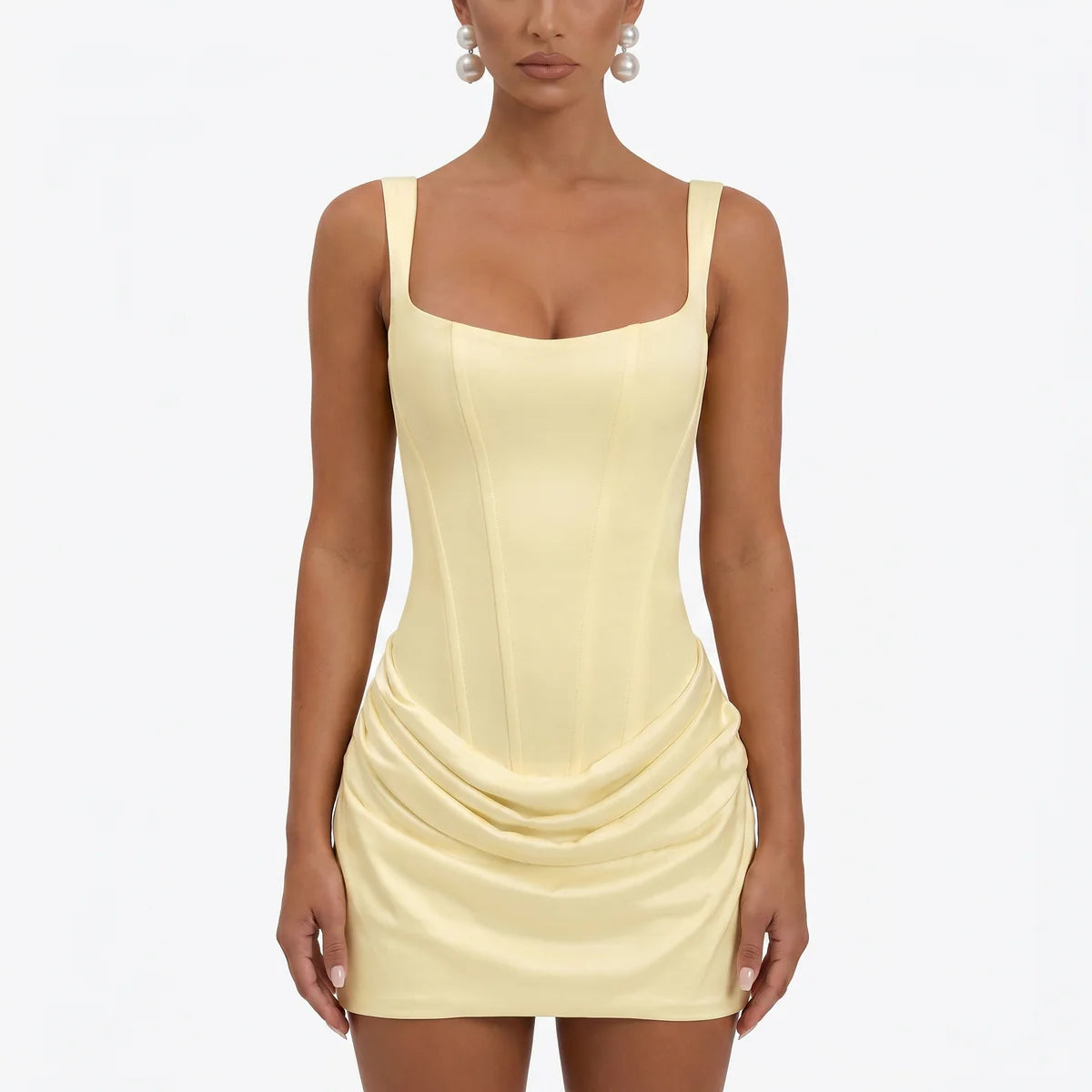 Women’s Satin Mini Dress Elegant Draped Design with Square Neckline 0