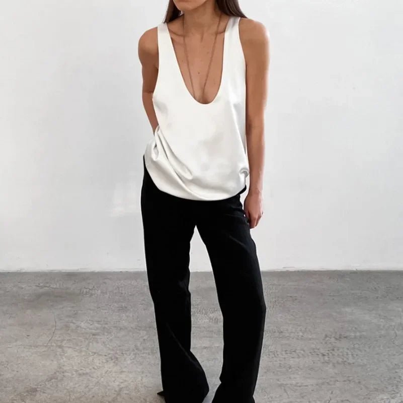Women’s Satin Tank Top Relaxed Fit Plunging U-Neck Design 2