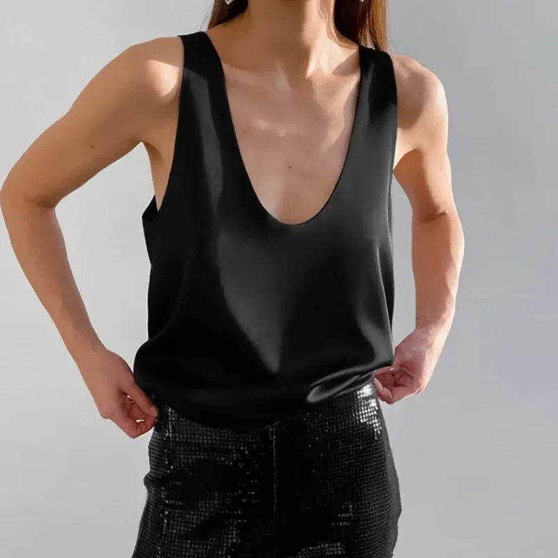 Women’s Satin Tank Top Relaxed Fit Plunging U-Neck Design 5
