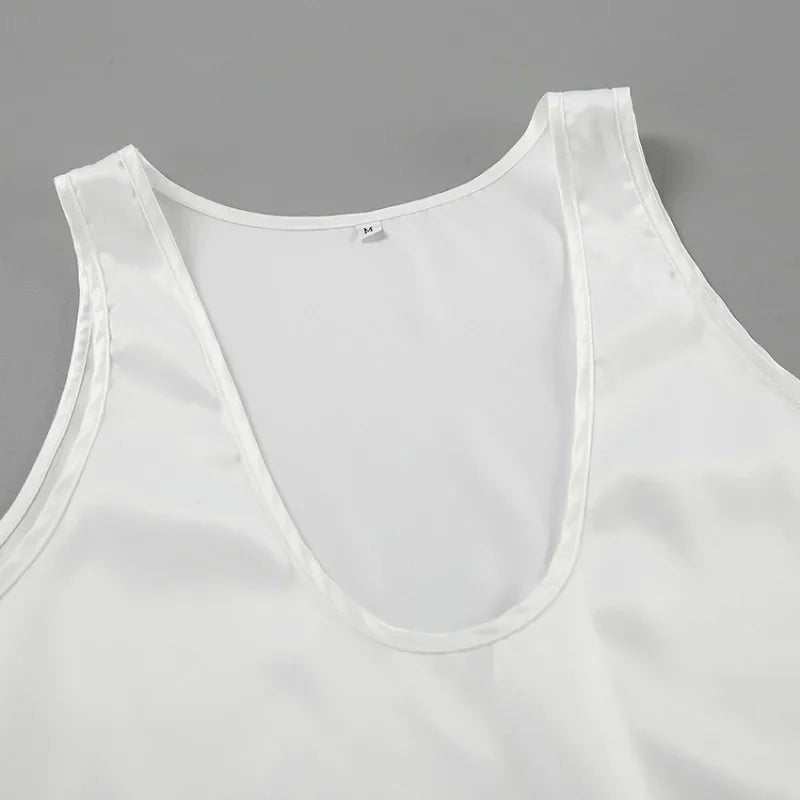 Women’s Satin Tank Top Relaxed Fit Plunging U-Neck Design 6