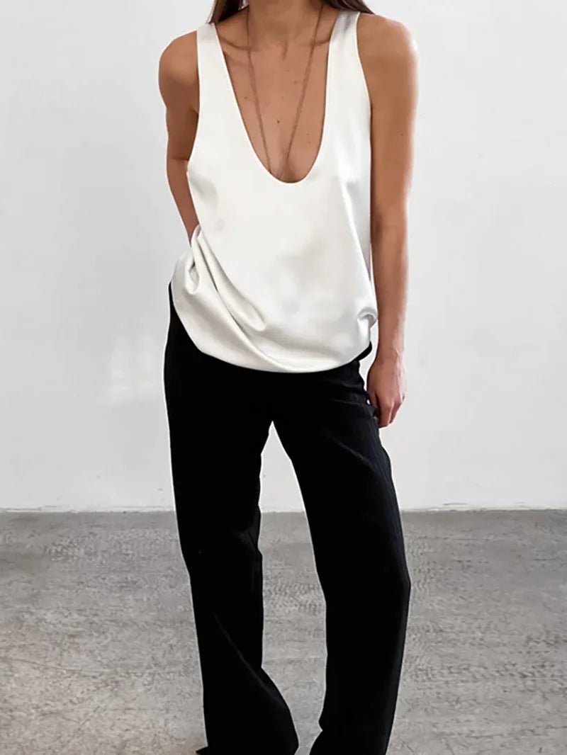 Women’s Satin Tank Top Relaxed Fit Plunging U-Neck Design 7