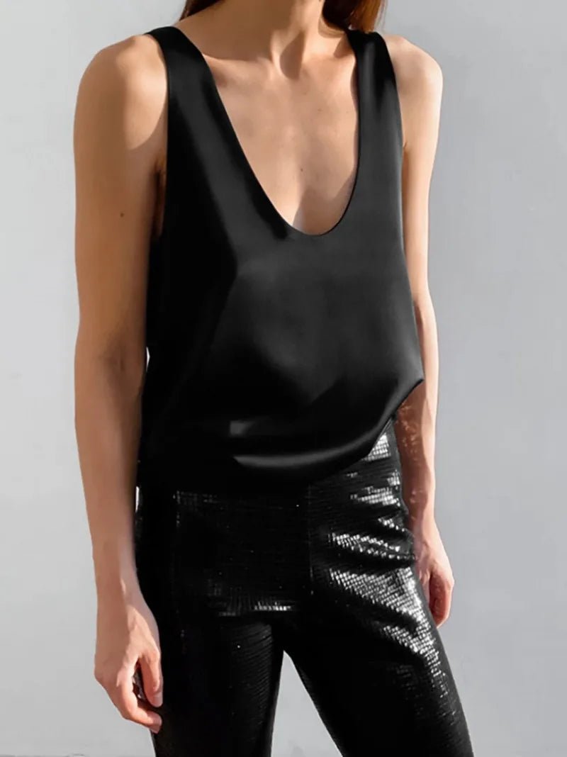 Women’s Satin Tank Top Relaxed Fit Plunging U-Neck Design 8