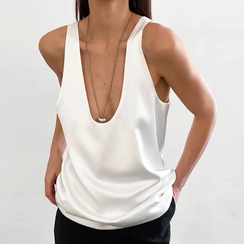 Women’s Satin Tank Top Relaxed Fit Plunging U-Neck Design 9
