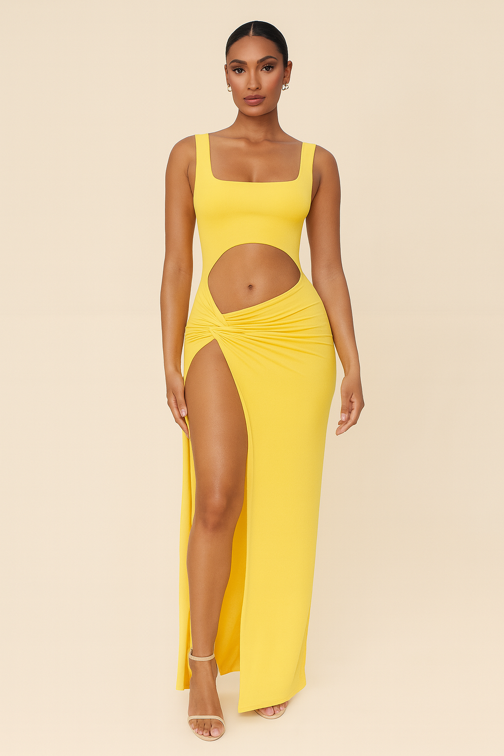 Women’s Sculpted Maxi Dress Bold Yellow High Split Design 0
